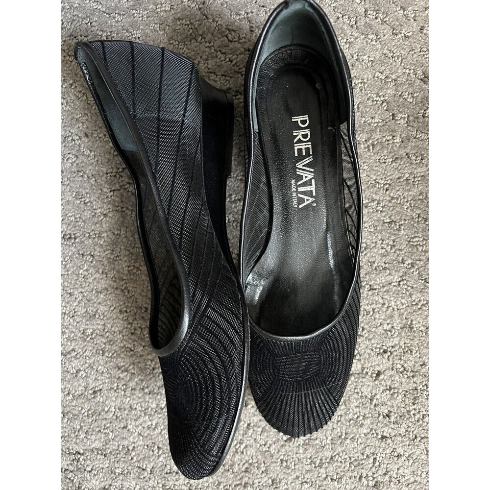 Italy PREVATA Vero Cuoio Women's Black Mesh & Leather  Slip On Wedge Shoe Sz 6 B